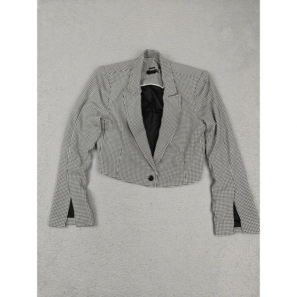 Alice + Olivia Blazer Womens 12 Black Houndstooth Cropped One Button Jacket‎